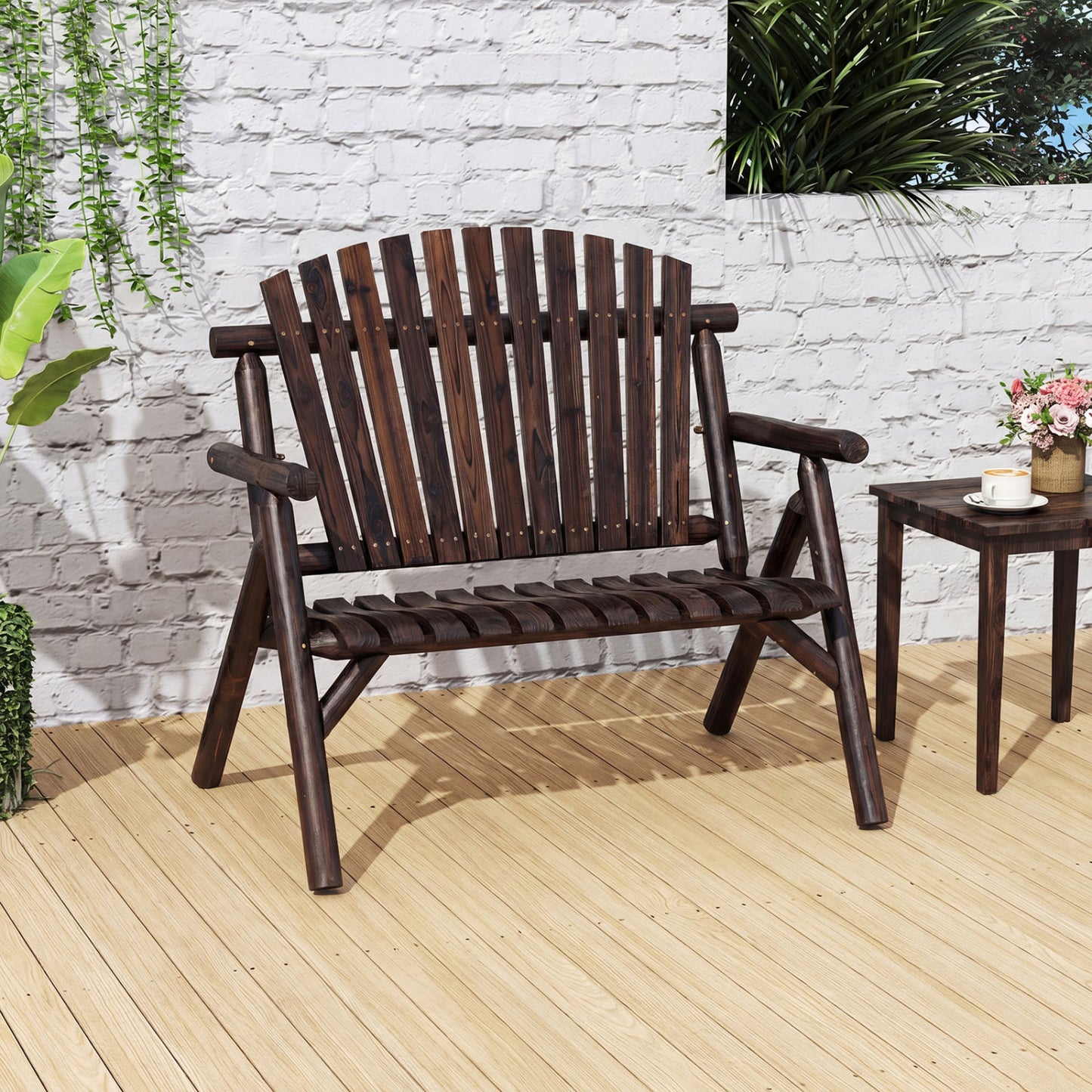 2-Person Log Wood Patio Bench with Slatted Backrest