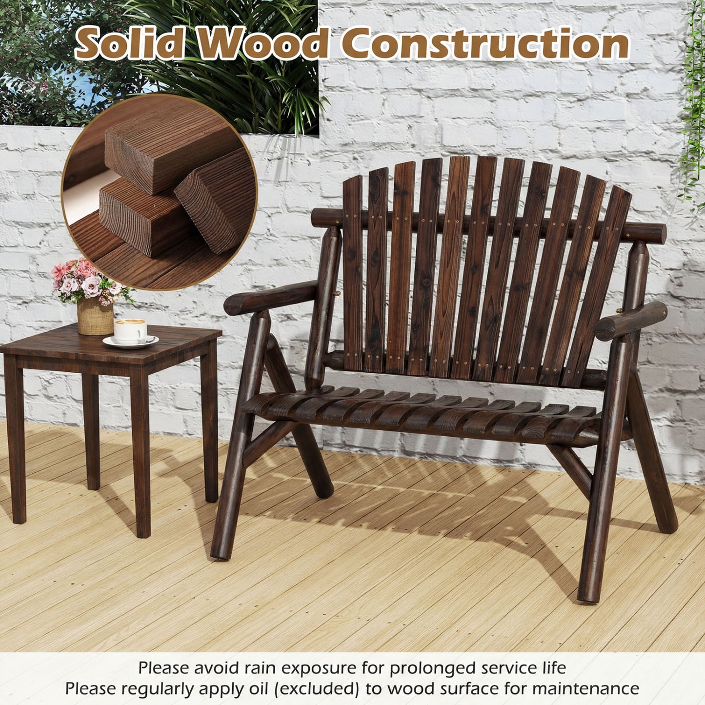 2-Person Log Wood Patio Bench with Slatted Backrest