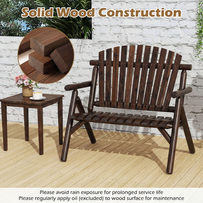 2-Person Log Wood Patio Bench with Slatted Backrest