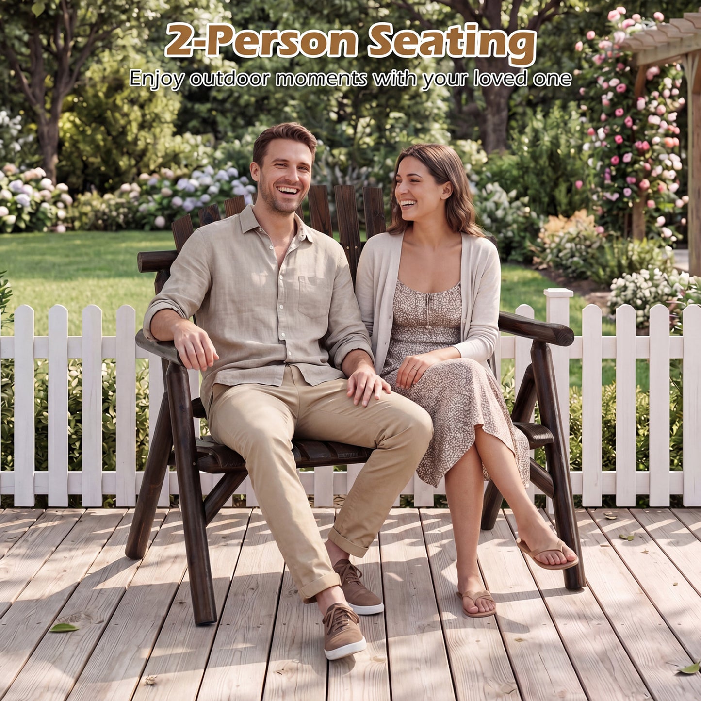 2-Person Log Wood Patio Bench with Slatted Backrest