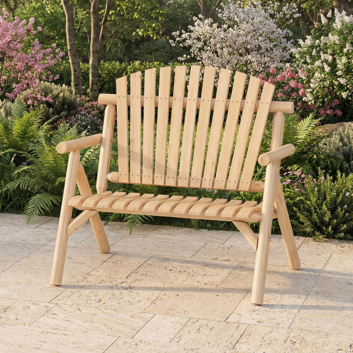 2-Person Log Wood Patio Bench with Slatted Backrest