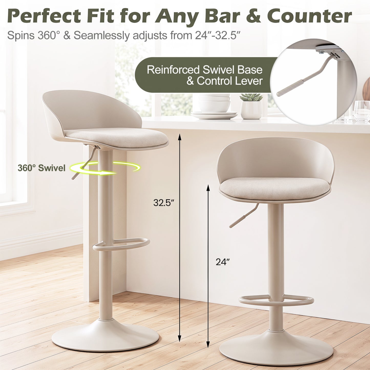 Adjustable Swivel Bar Stools Set of 2 with Back & Footrest