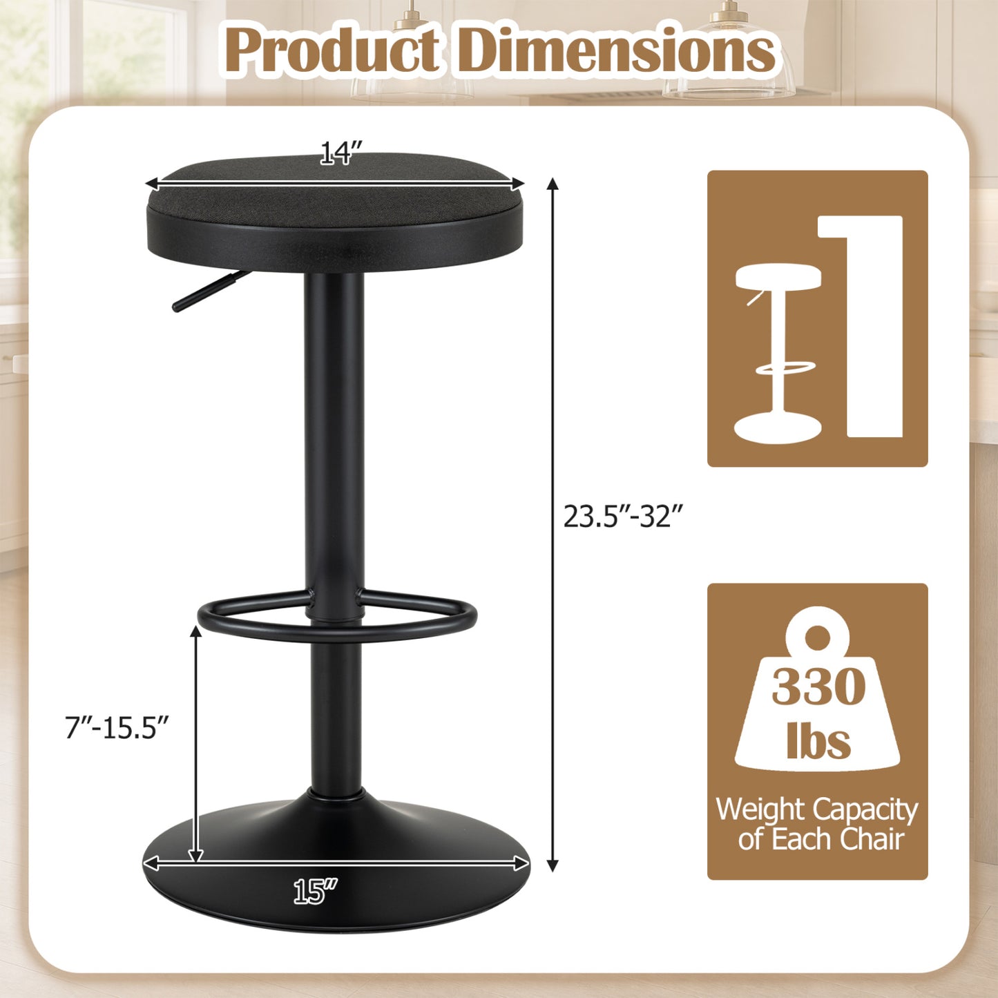 Adjustable Bar Stools Set of 2 with Padded Seat