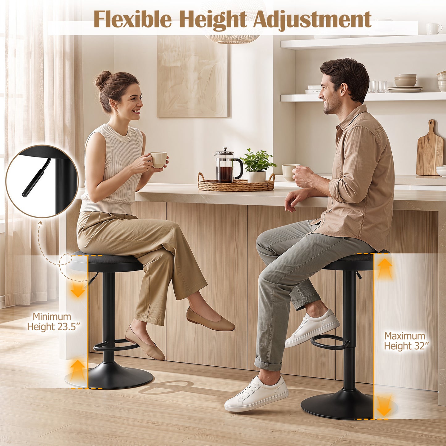 Adjustable Bar Stools Set of 2 with Padded Seat