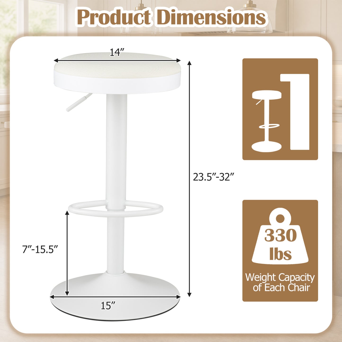 Adjustable Bar Stools Set of 2 with Padded Seat