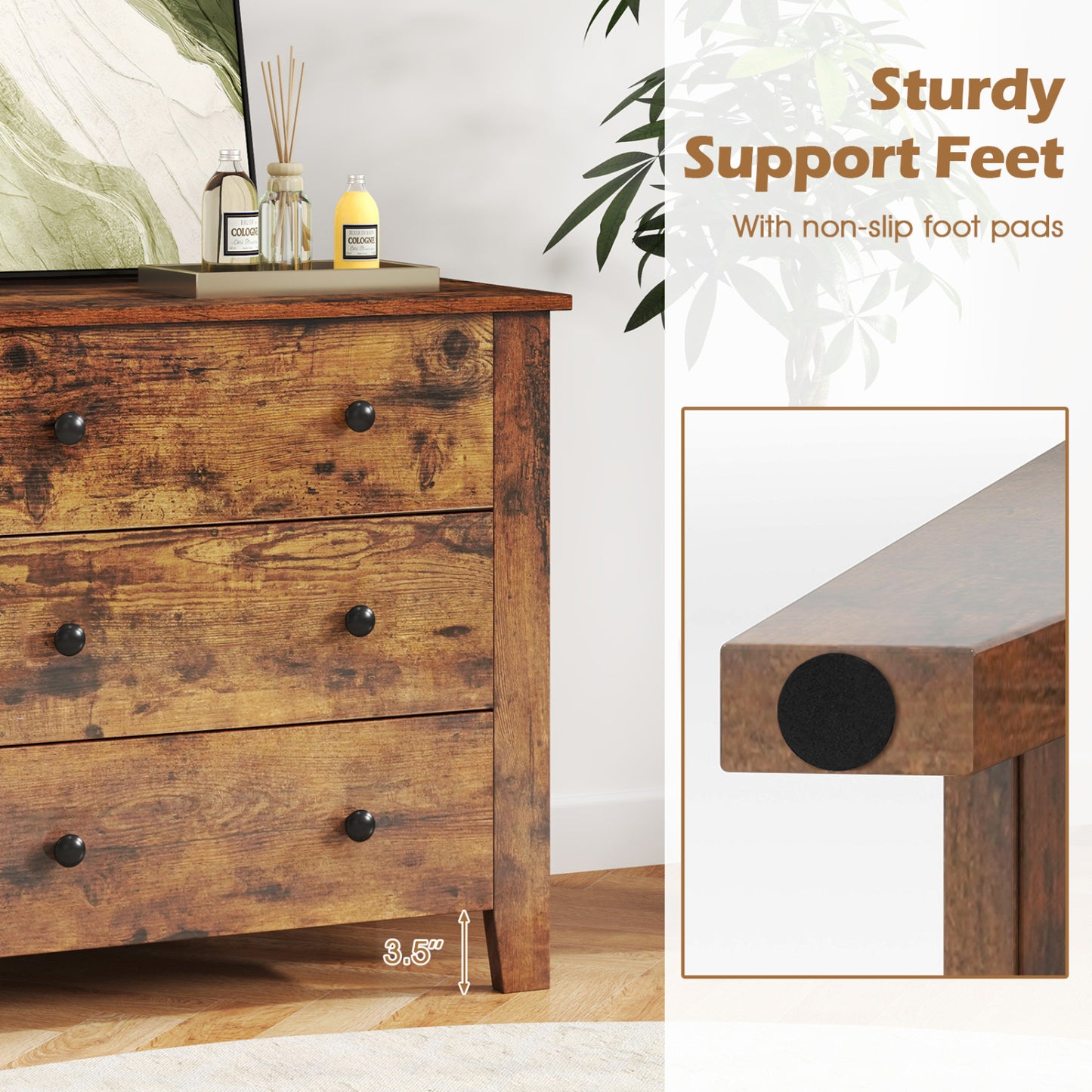 3-Drawer Dresser with Tapered Legs - Rustic Brown