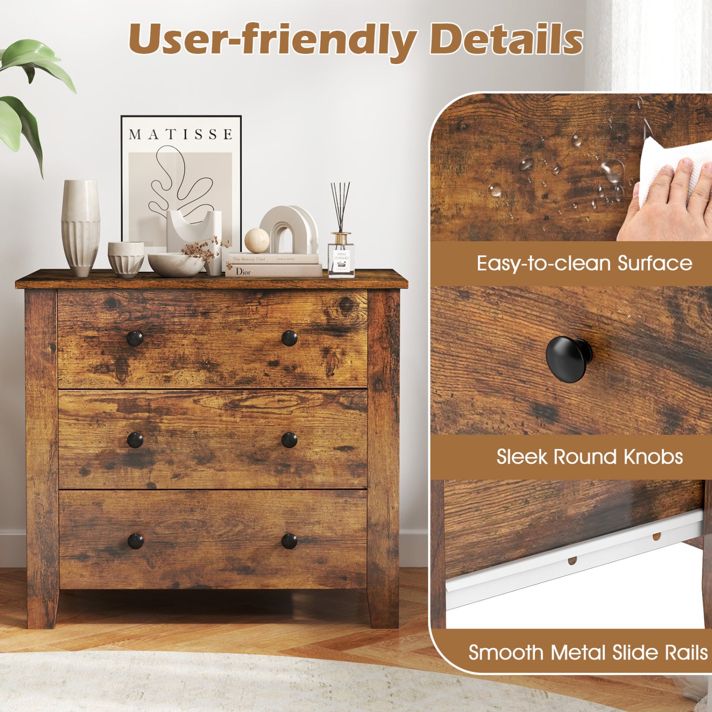 3-Drawer Dresser with Tapered Legs - Rustic Brown