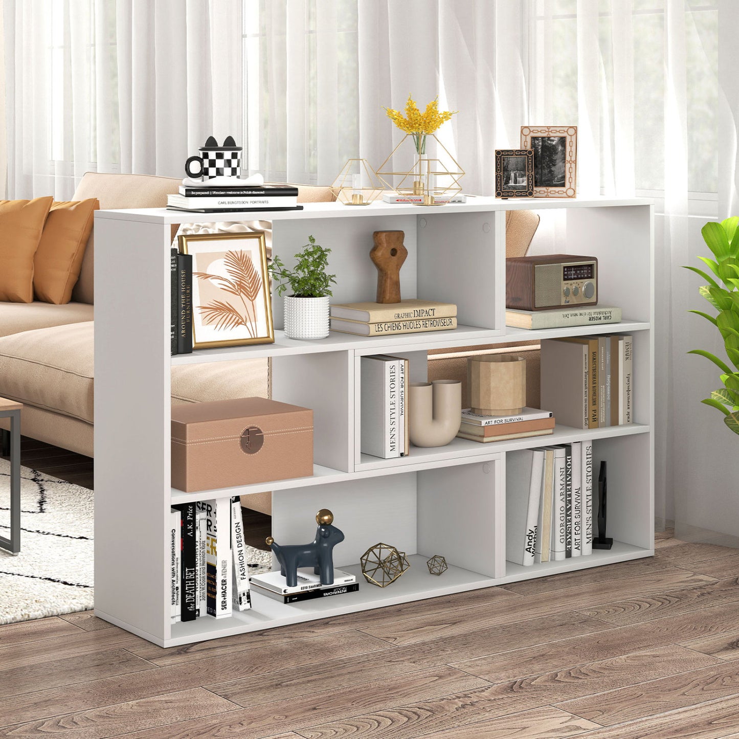 Geometric Bookshelf Set with 3 Open Shelves and Anti-Tip