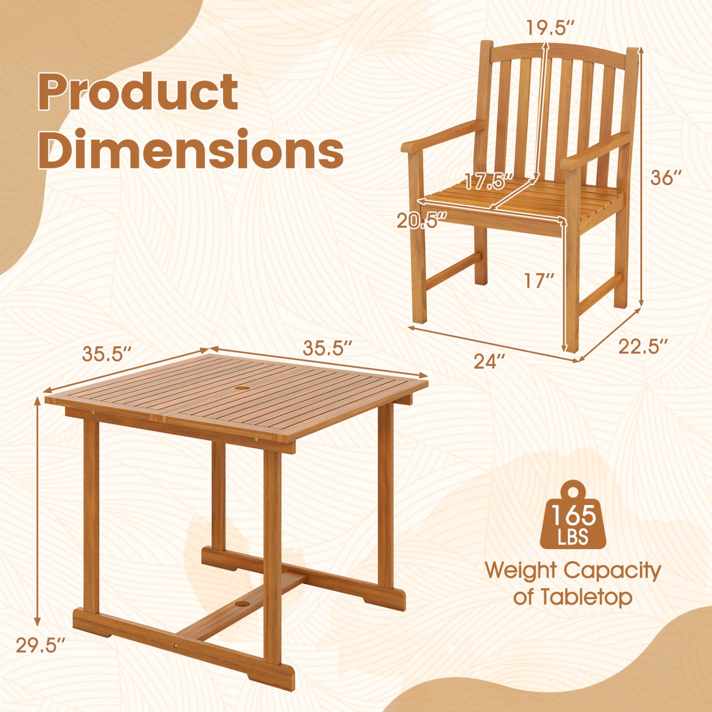 5-Piece Acacia Wood Patio Dining Set for 4 with Umbrella Hole