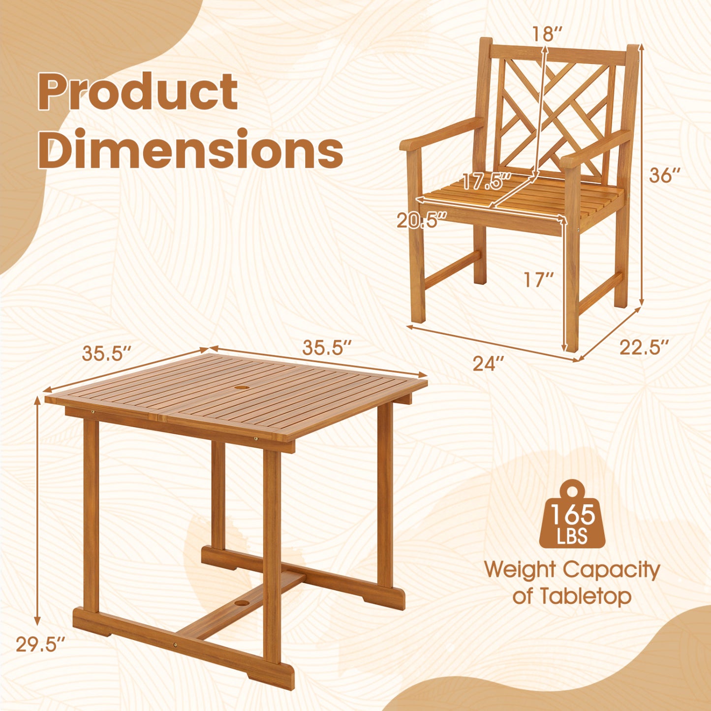 5-Piece Acacia Wood Patio Dining Set for 4 with Armchairs