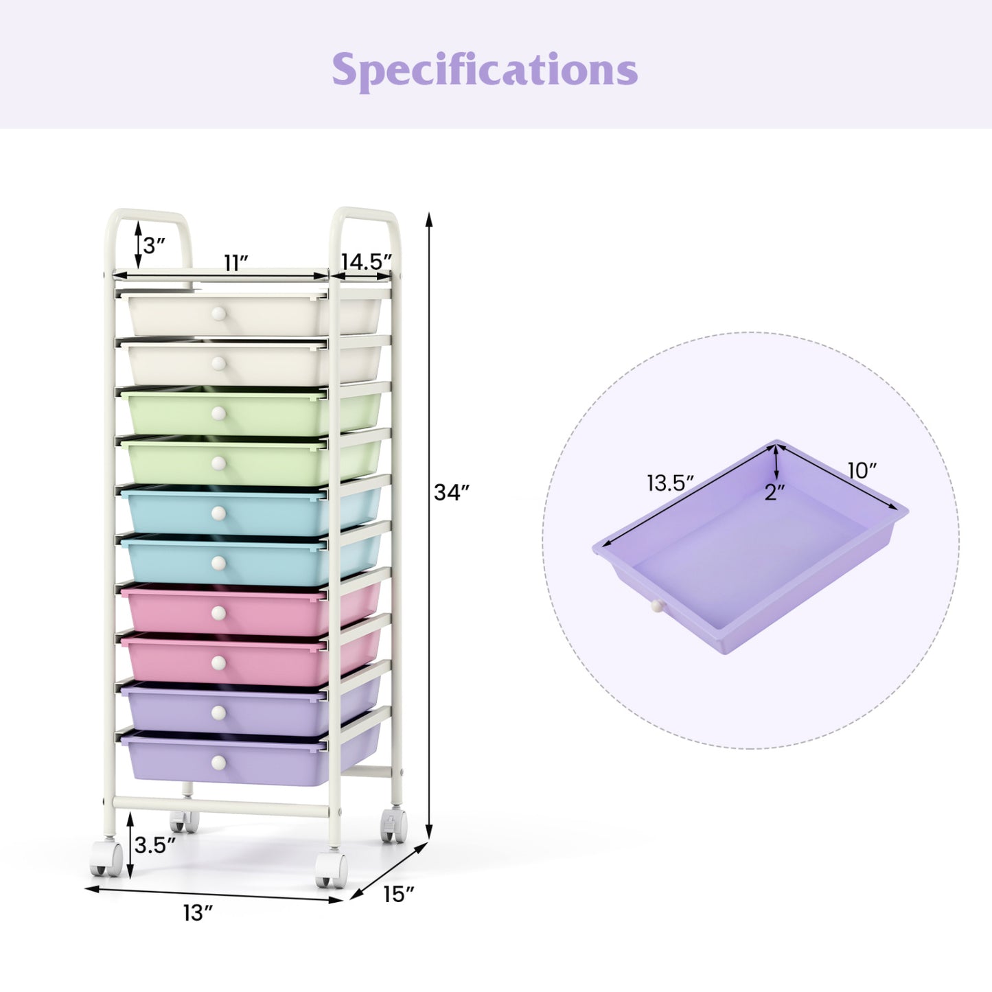 10 Drawer Rolling Storage Cart with Locking Wheels