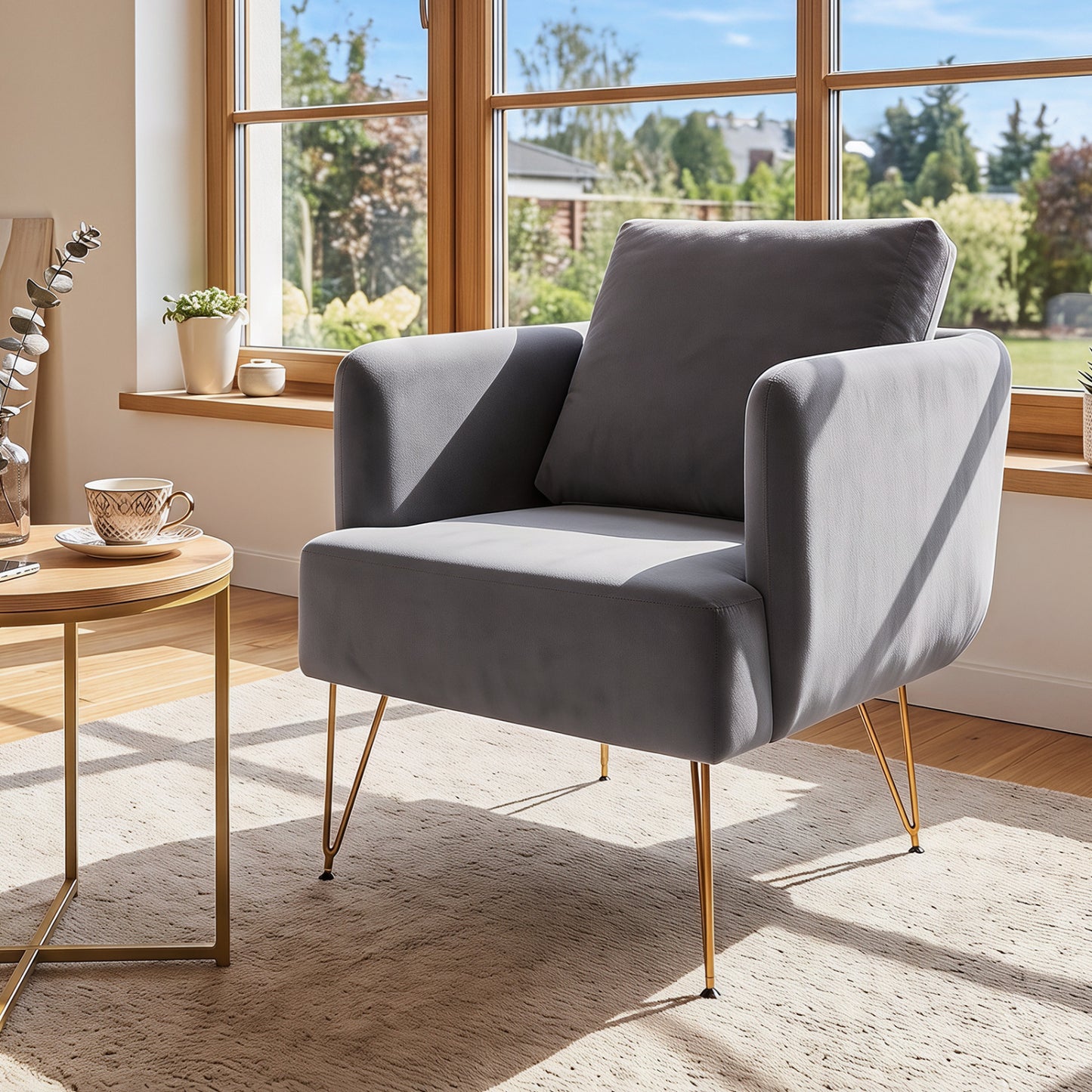 Velvet Accent Chair with Back Cushion and Golden Metal Legs