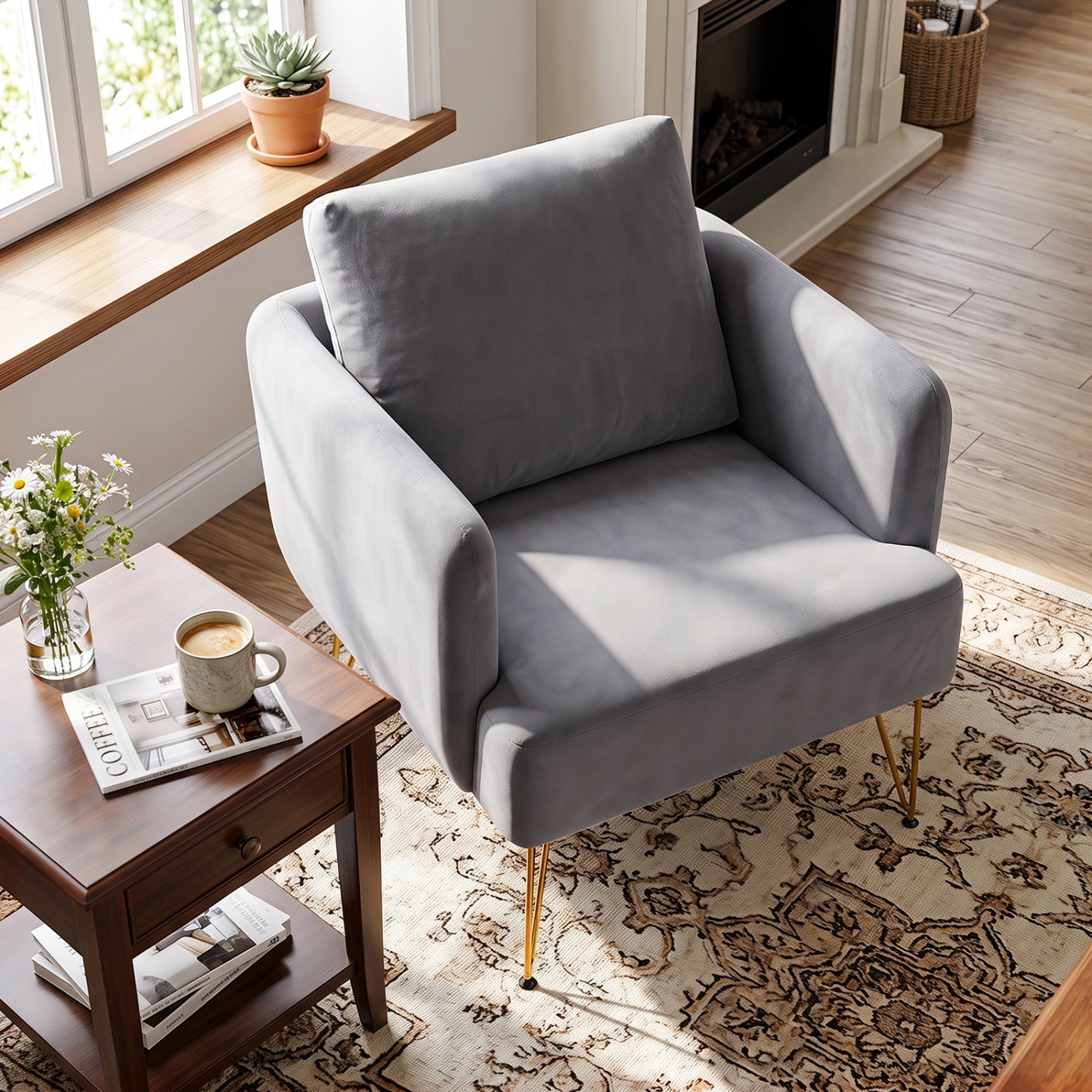 Velvet Accent Chair with Back Cushion and Golden Metal Legs