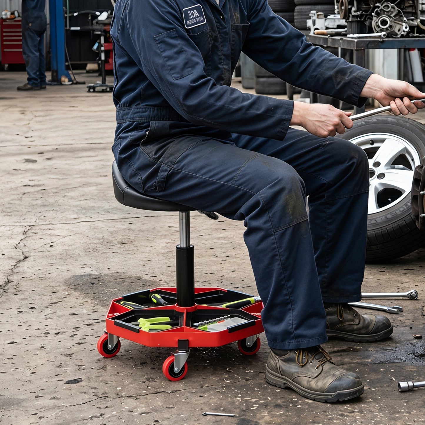 Adjustable Rolling Mechanic Seat with Storage Tray
