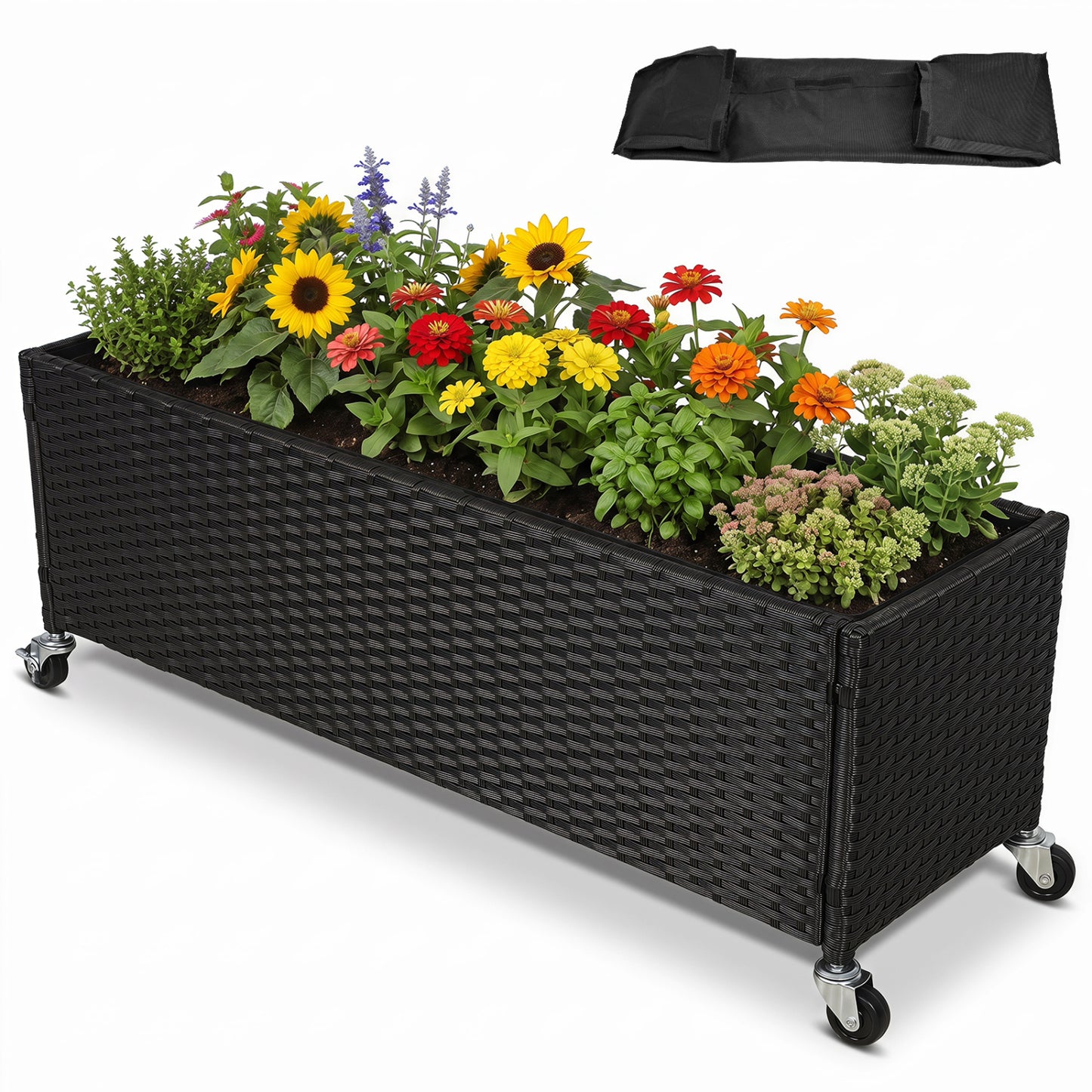 Raised Garden Bed with Wheels - PE Rattan Planter Box