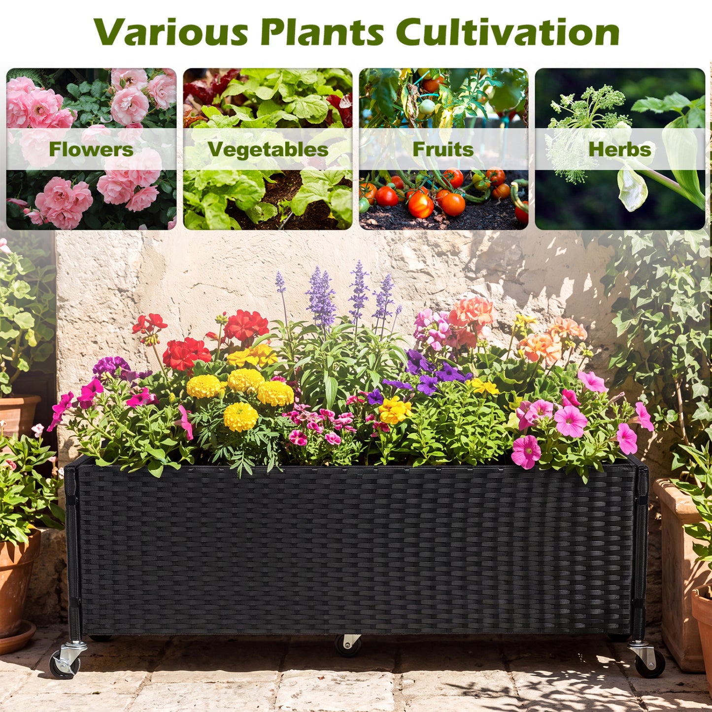 Raised Garden Bed with Wheels - PE Rattan Planter Box
