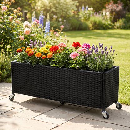 Raised Garden Bed with Wheels - PE Rattan Planter Box