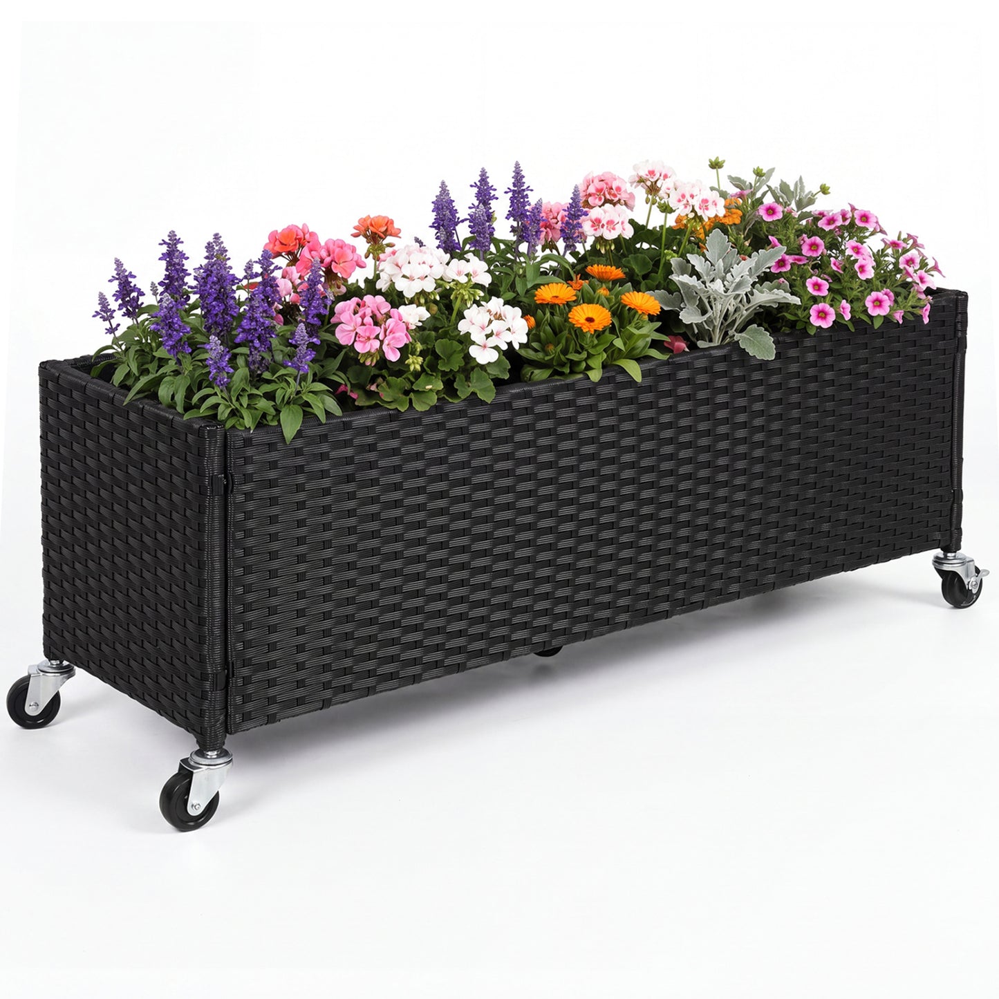Raised Garden Bed with Wheels - PE Rattan Planter Box