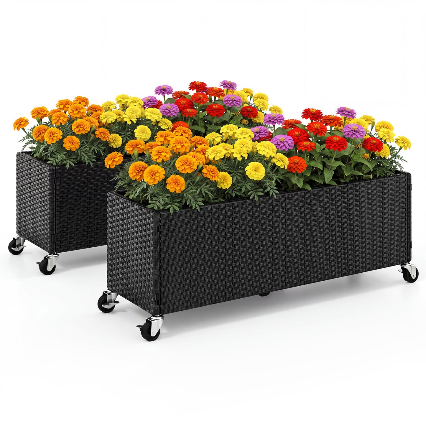 Raised Garden Bed Set of 2 with Wheels and PE Rattan