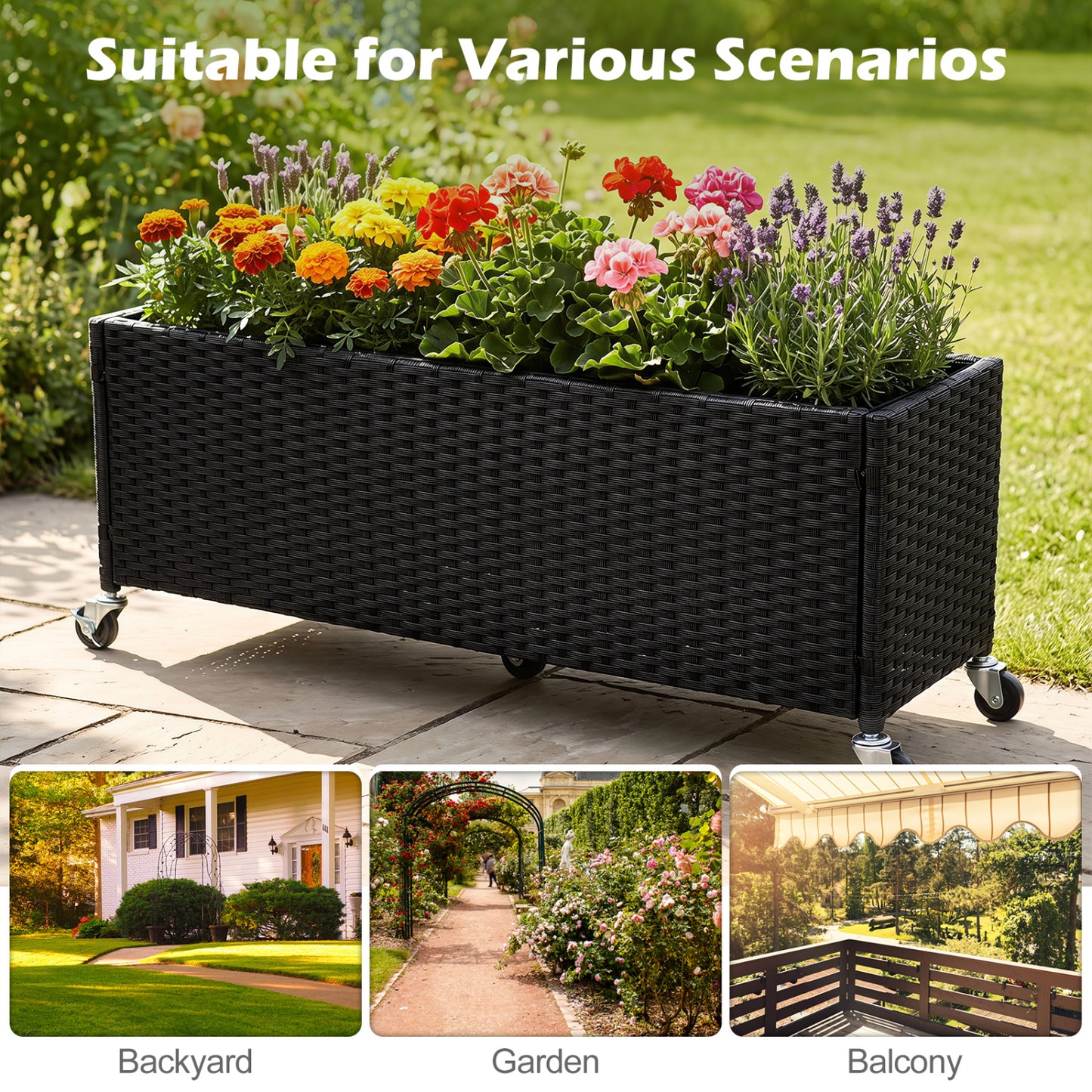 Raised Garden Bed Set of 2 with Wheels and PE Rattan