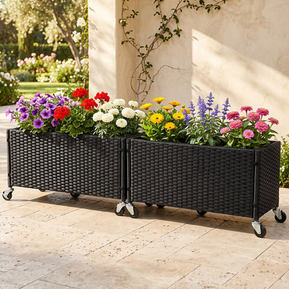 Raised Garden Bed Set of 2 with Wheels and PE Rattan