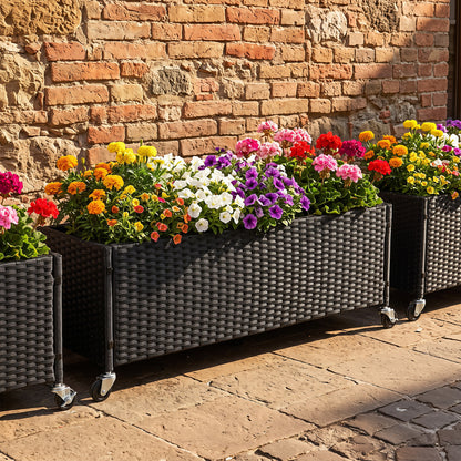 Raised Garden Bed Set of 2 with Wheels and PE Rattan