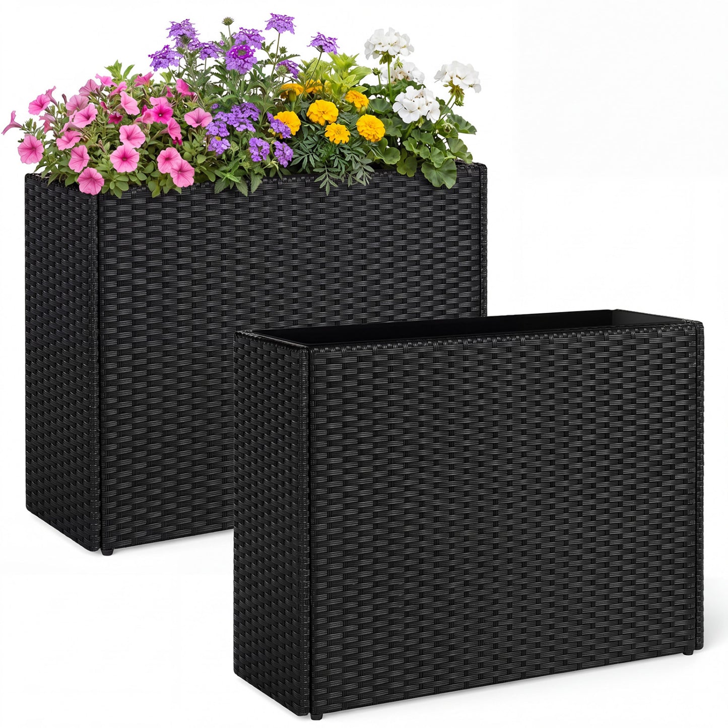 Raised Garden Bed Set of 2 with PE Rattan Wicker & Liner
