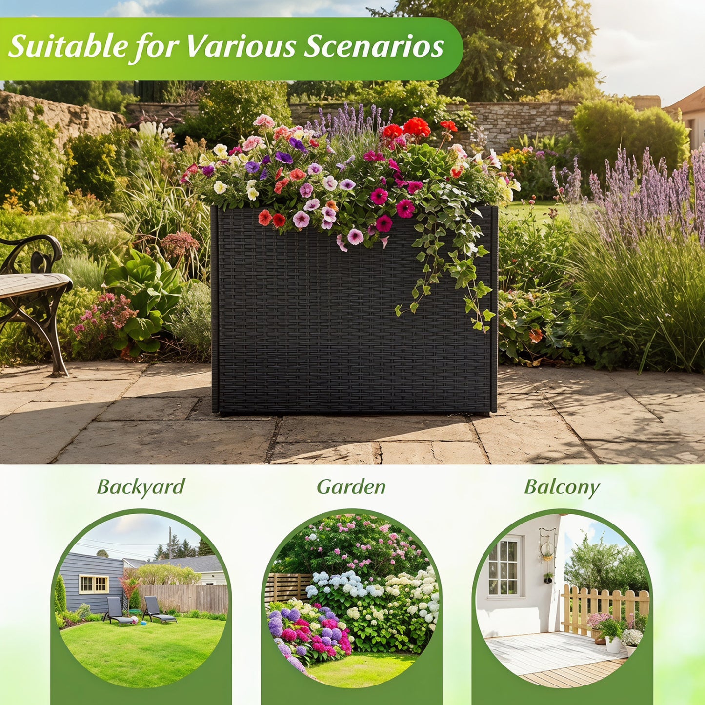 Raised Garden Bed Set of 2 with PE Rattan Wicker & Liner
