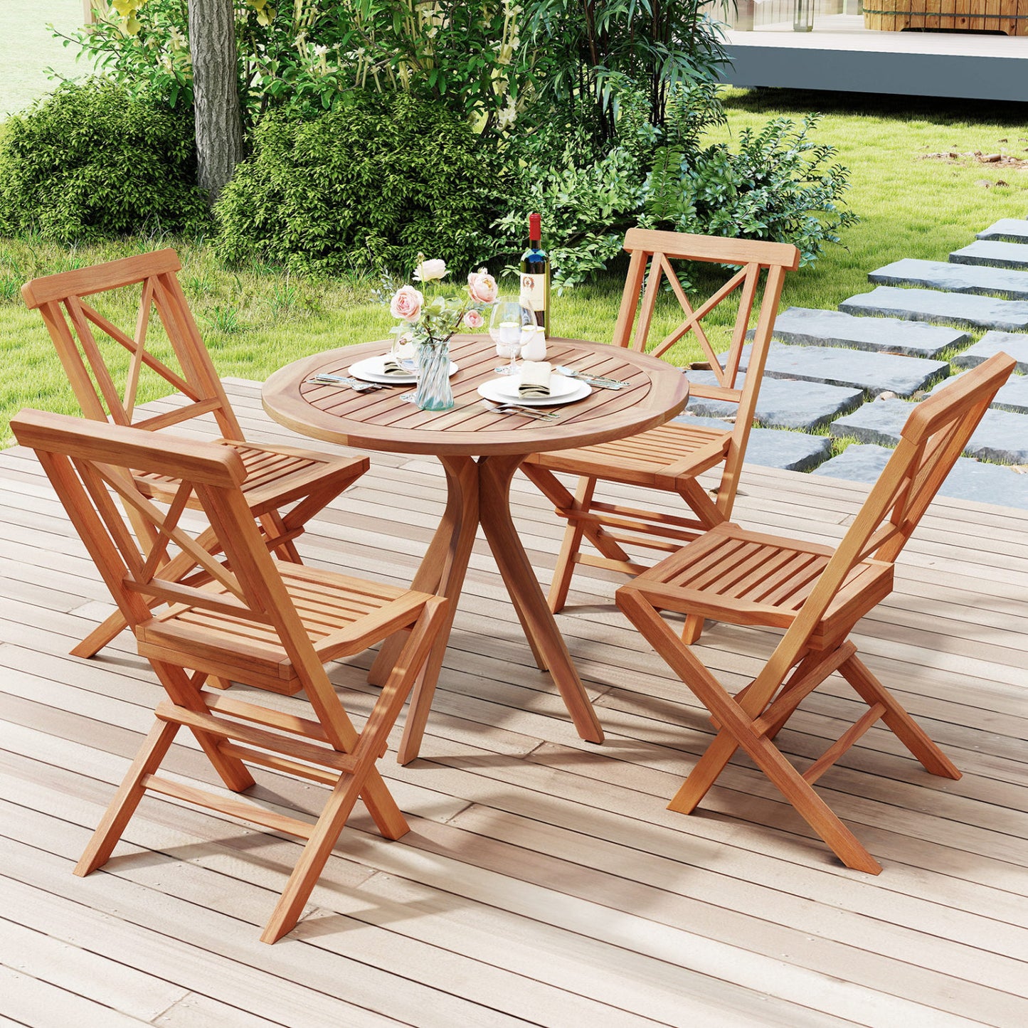 Teak Wood Folding Patio Dining Chairs Set of 2