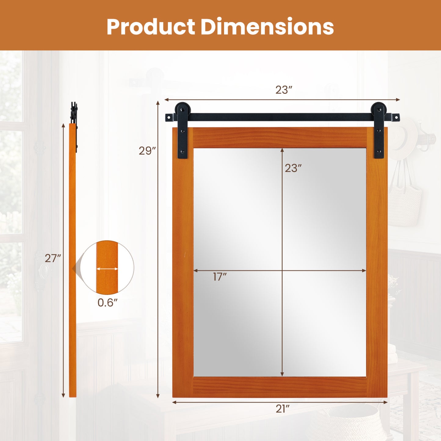 Rectangle Farmhouse Wall Mirror with Metal Bracket 29" x 23"