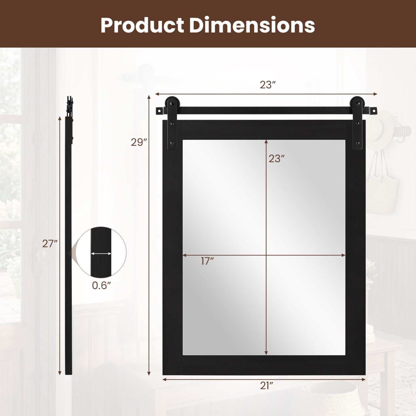 Rectangle Farmhouse Wall Mirror with Metal Bracket 29" x 23"