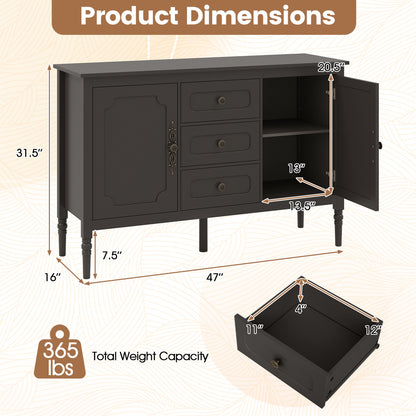 47" Buffet Cabinet with 3 Drawers and Adjustable Shelves