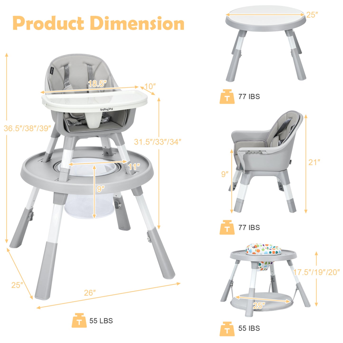 5-in-1 Convertible Baby High Chair with Adjustable Height