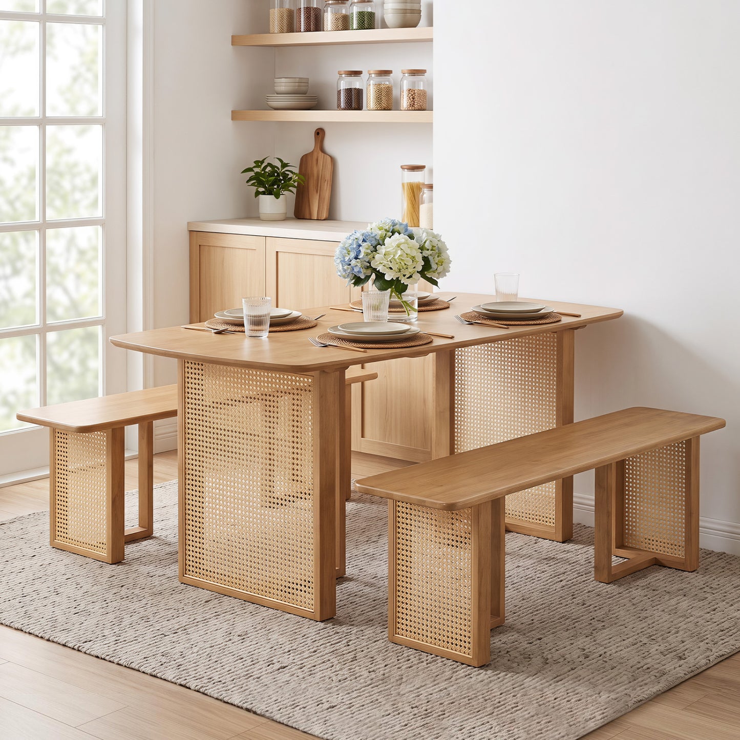 55" Dining Table Set with 2 Benches - Solid Rubber Wood