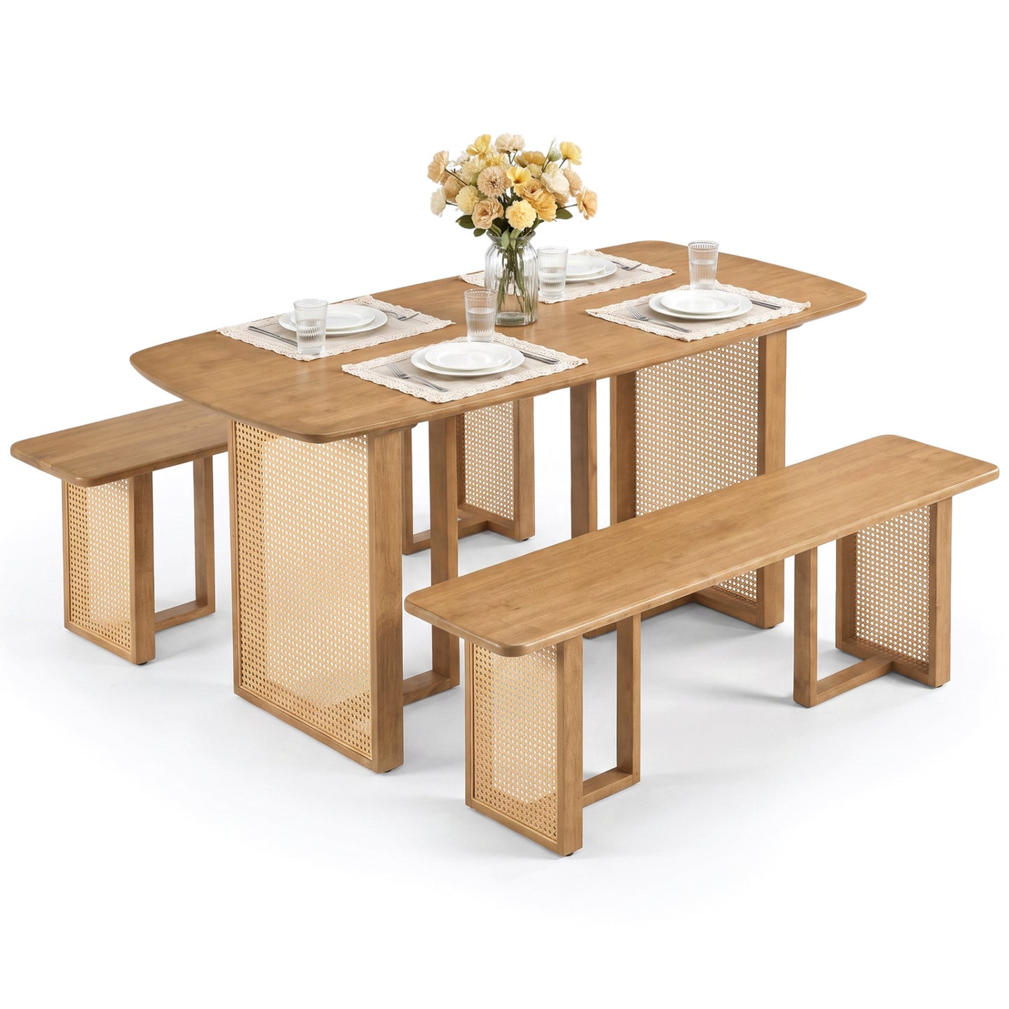 55" Dining Table Set with 2 Benches - Solid Rubber Wood