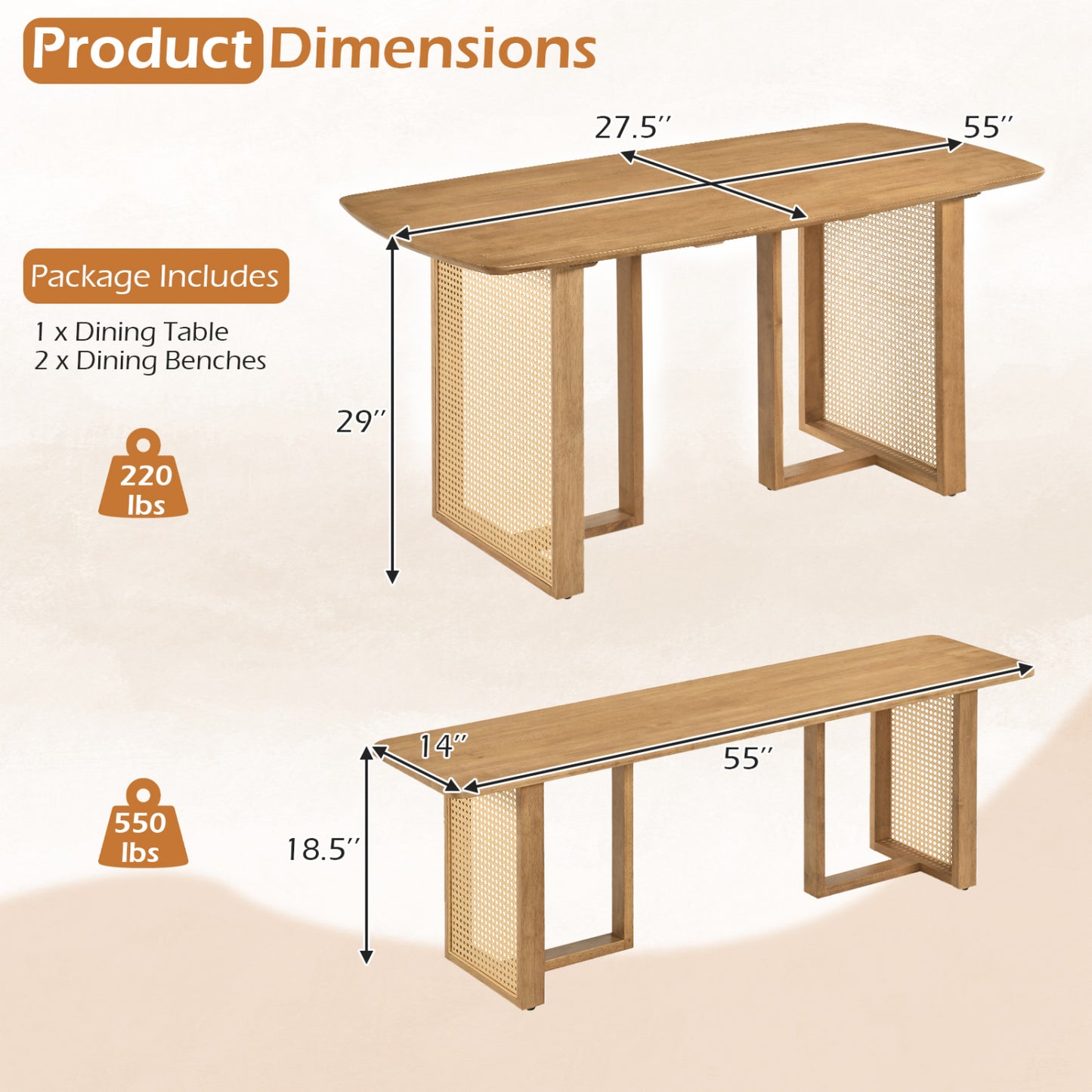 55" Dining Table Set with 2 Benches - Solid Rubber Wood