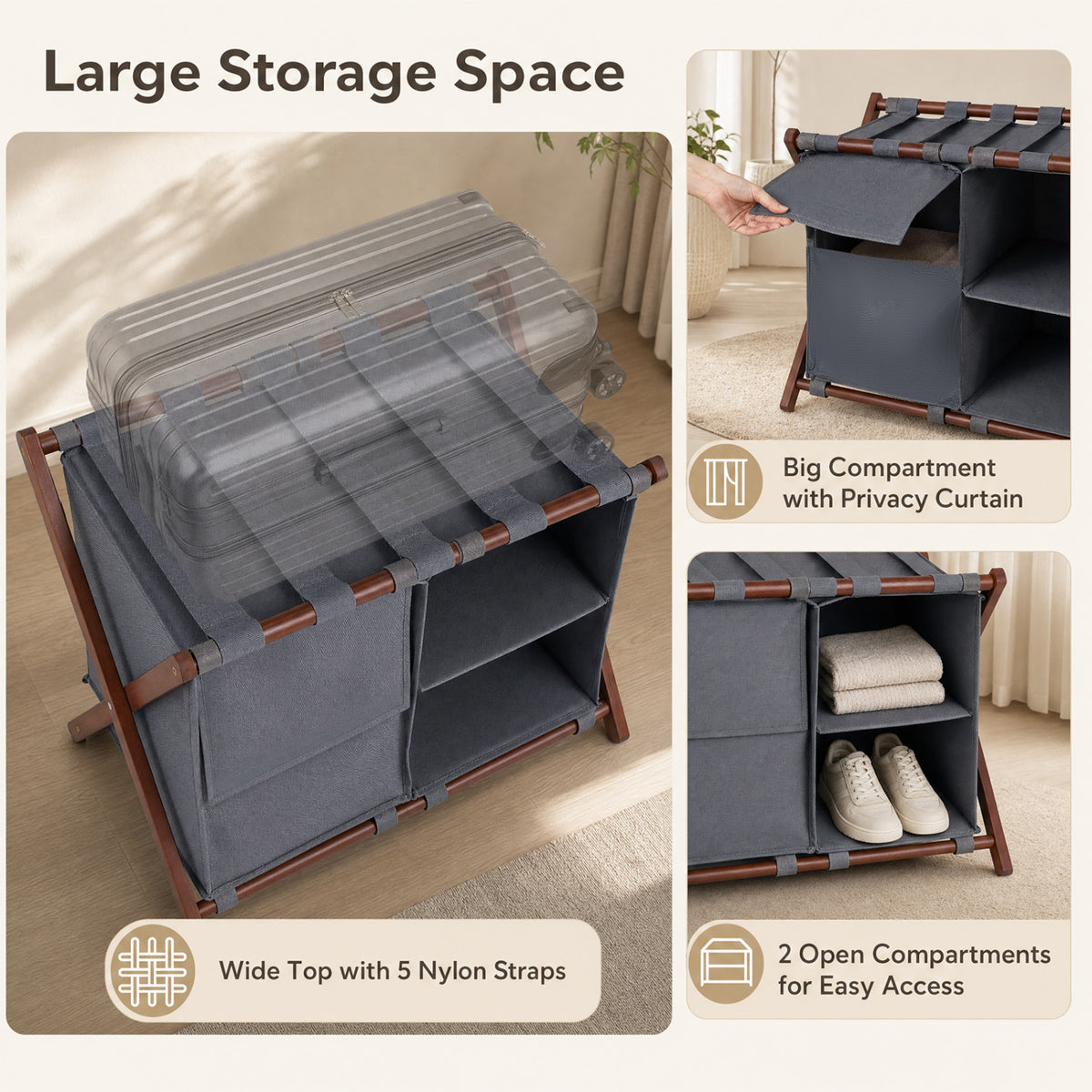 27" Bamboo Luggage Rack with 5 Nylon Straps and Compartments for Guest Room Hotel-Walnut & Grey