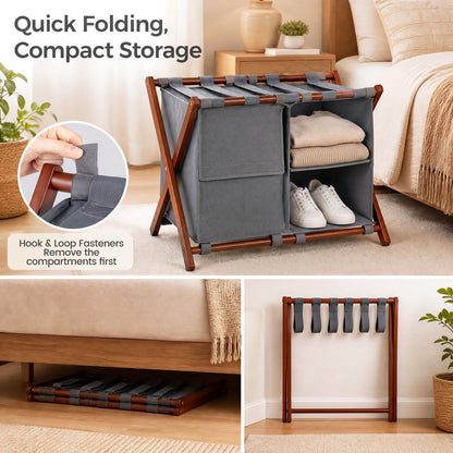 27" Bamboo Luggage Rack with 5 Nylon Straps and Compartments for Guest Room Hotel-Walnut & Grey