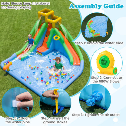 Inflatable Water Slide with Double Slides and 680W Blower
