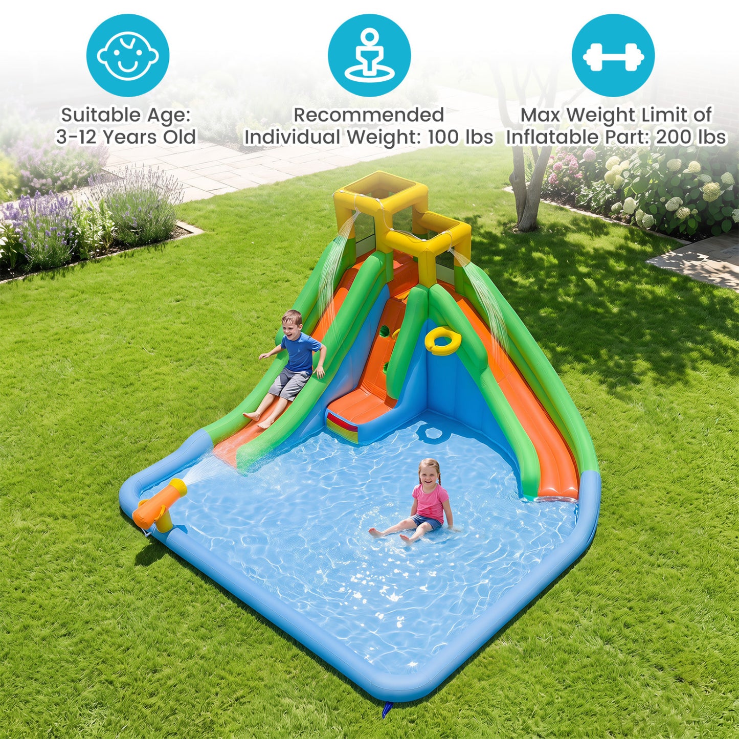 Inflatable Water Slide with Double Slides and 680W Blower