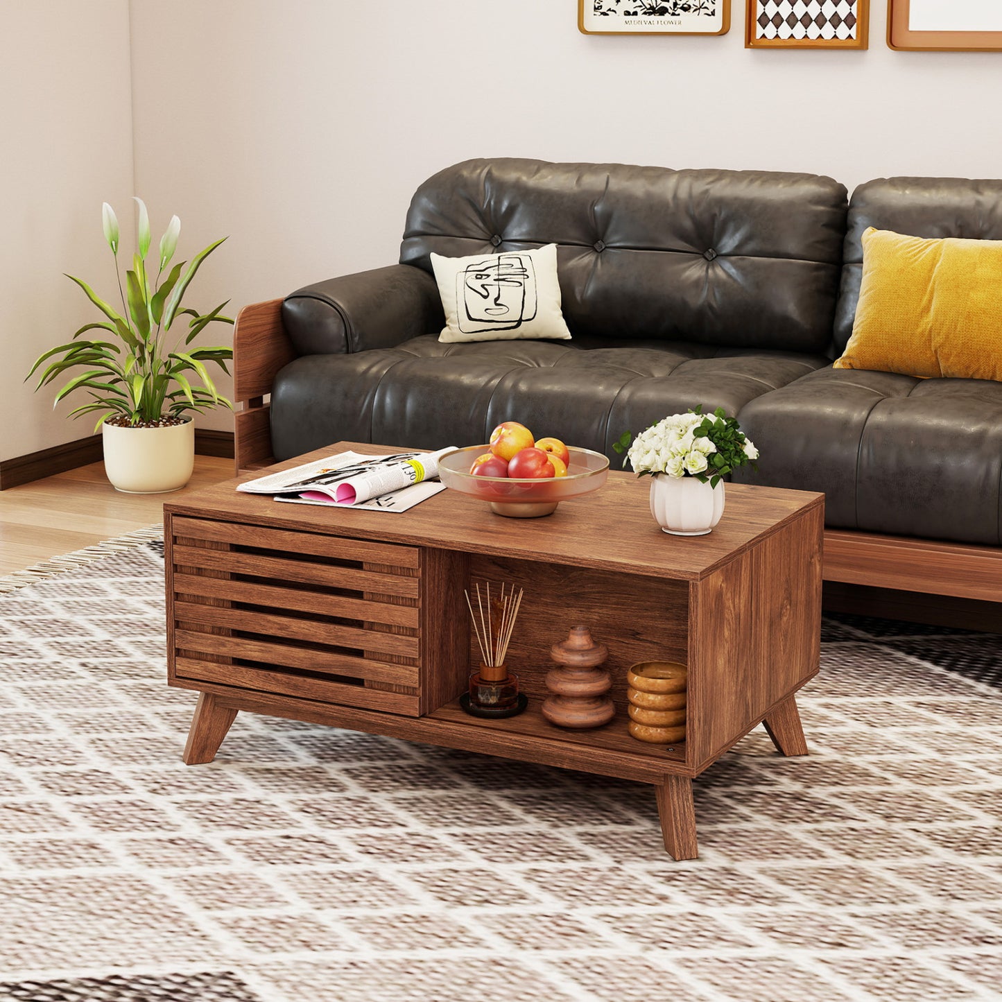 Lift Top Coffee Table with Hidden Storage and Sliding Door