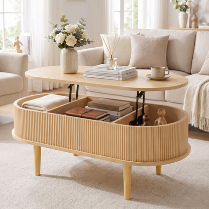 Oval Lift Top Coffee Table with Storage 43.5" Fluted Design