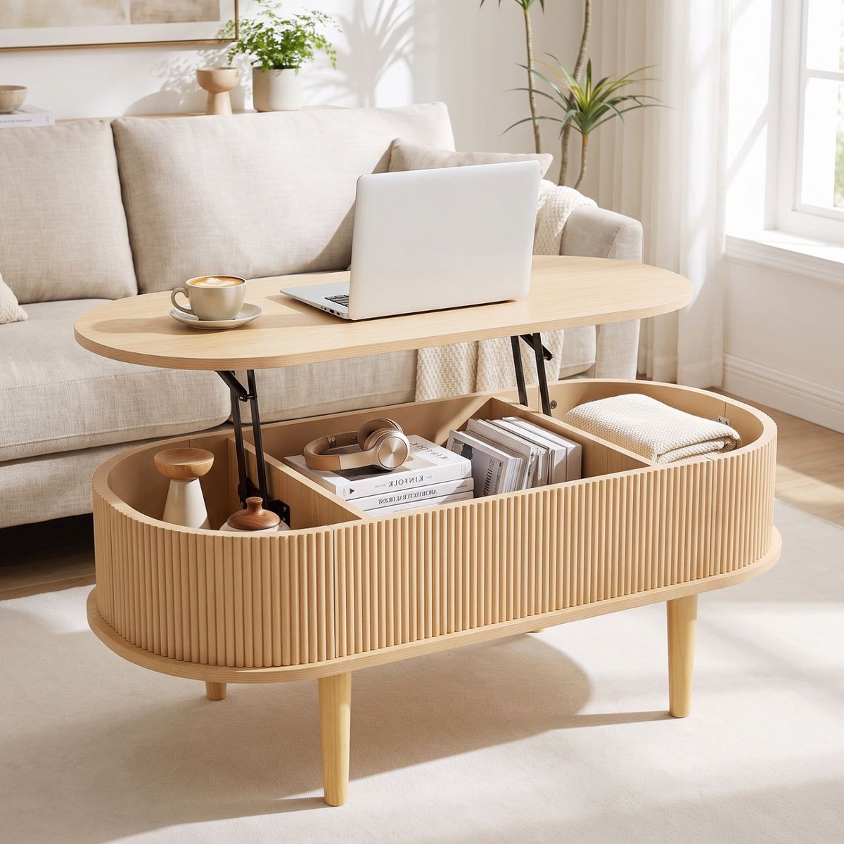 Oval Lift Top Coffee Table with Storage 43.5" Fluted Design