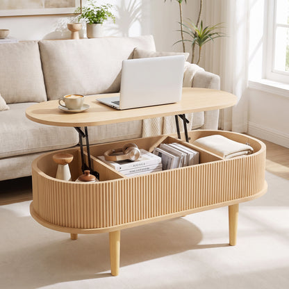 Oval Lift Top Coffee Table with Storage 43.5" Fluted Design
