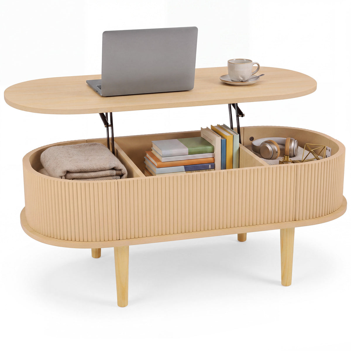 Oval Lift Top Coffee Table with Storage 43.5" Fluted Design