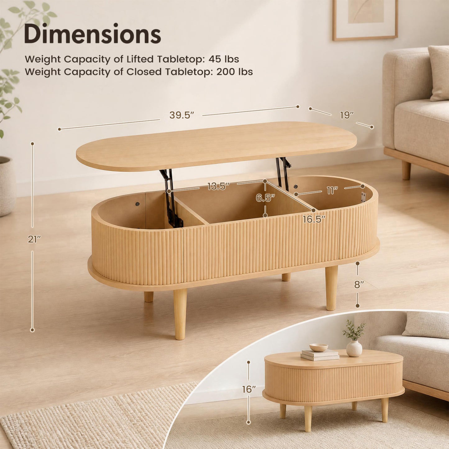 Oval Lift Top Coffee Table with Storage 43.5" Fluted Design