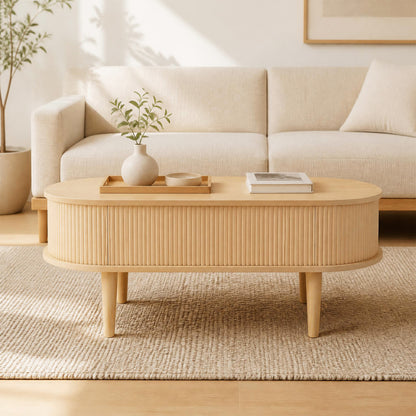 Oval Lift Top Coffee Table with Storage 43.5" Fluted Design