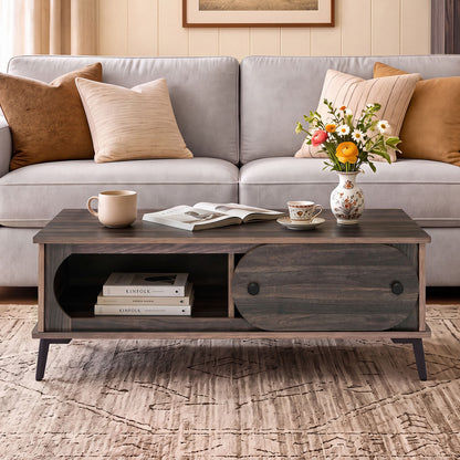 Coffee Table with Sliding Door and 2 Compartments - Walnut
