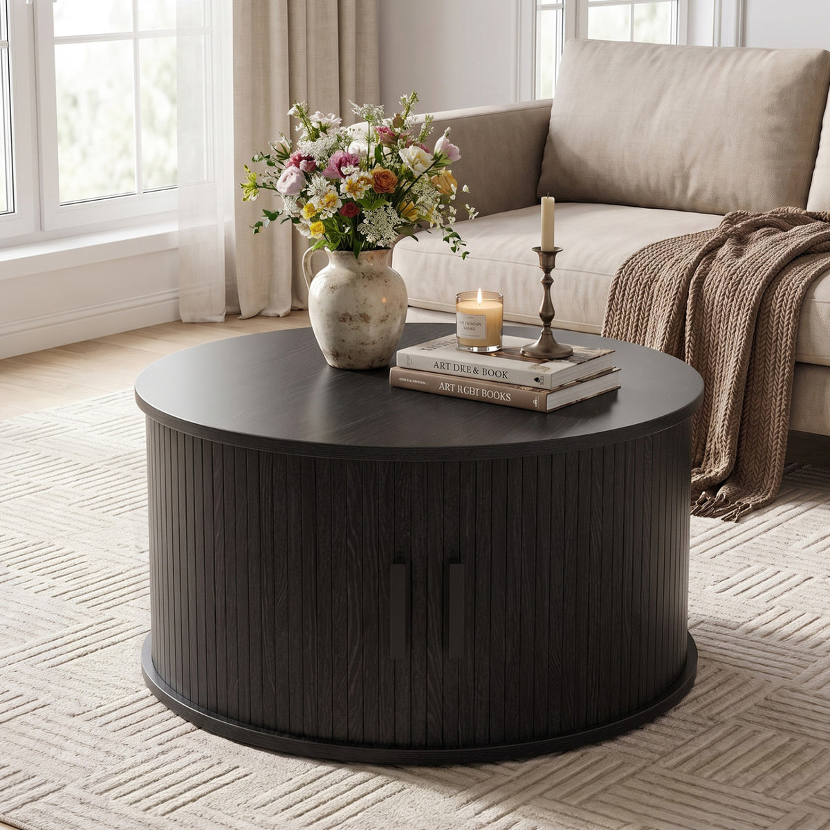 Round Coffee Table with Sliding Tambour Door Storage
