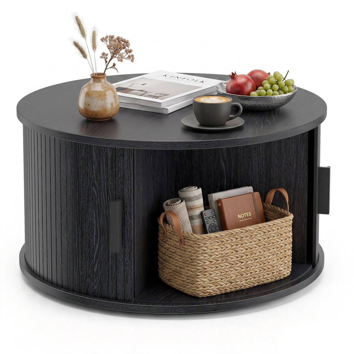 Round Coffee Table with Sliding Tambour Door Storage